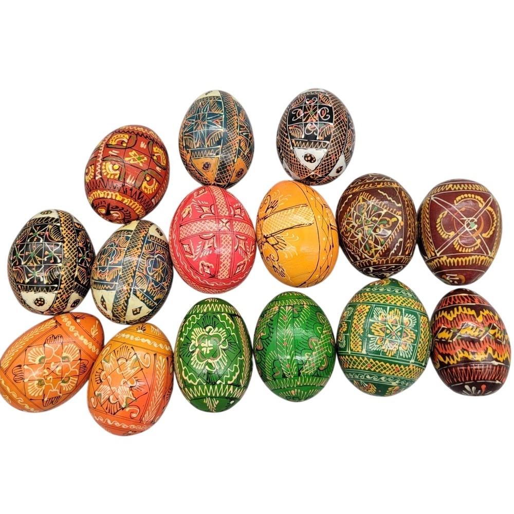 Vintage Wooden Handpainted Ukrainian Pysanky Easter Eggs Lot of 13